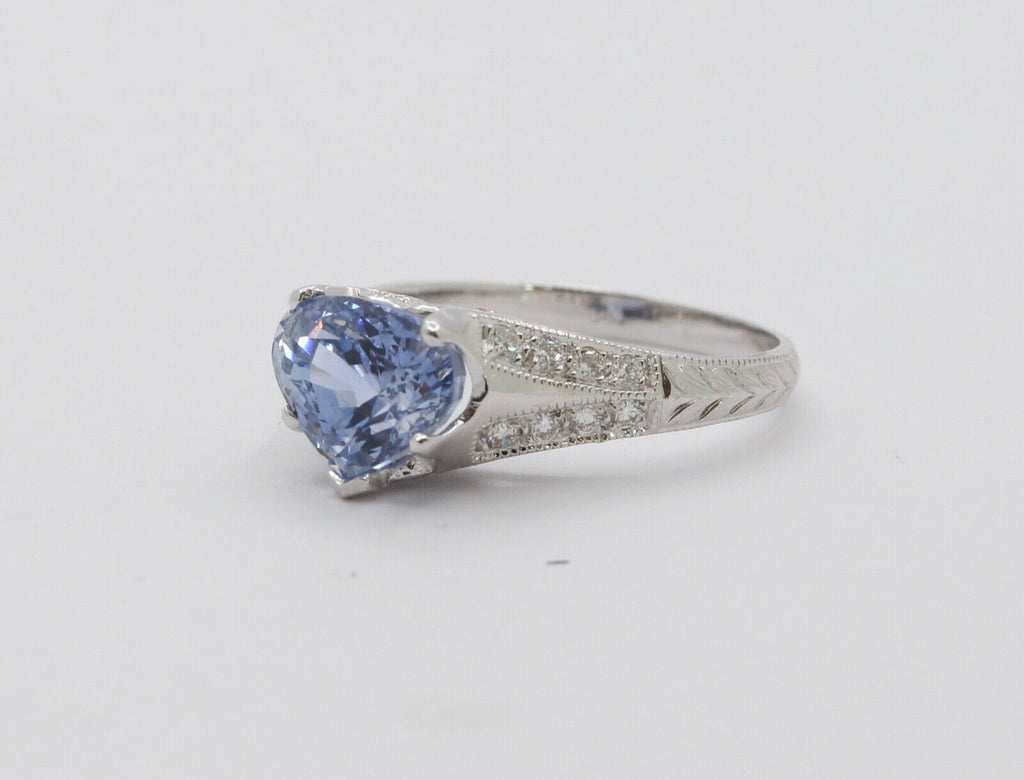 Uniquely Shaped Blue Sapphire and Diamonds 18K White Gold Ring