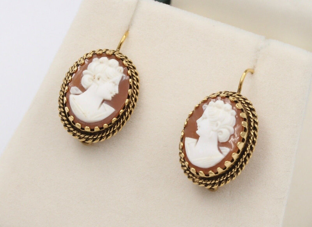 Victorian Revival Agate Cameo 14K Yellow Gold Earrings