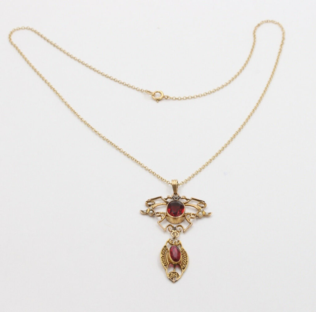 Art Nouveau Garnets 10K Yellow Gold Chandelier Pendant 14K Chain