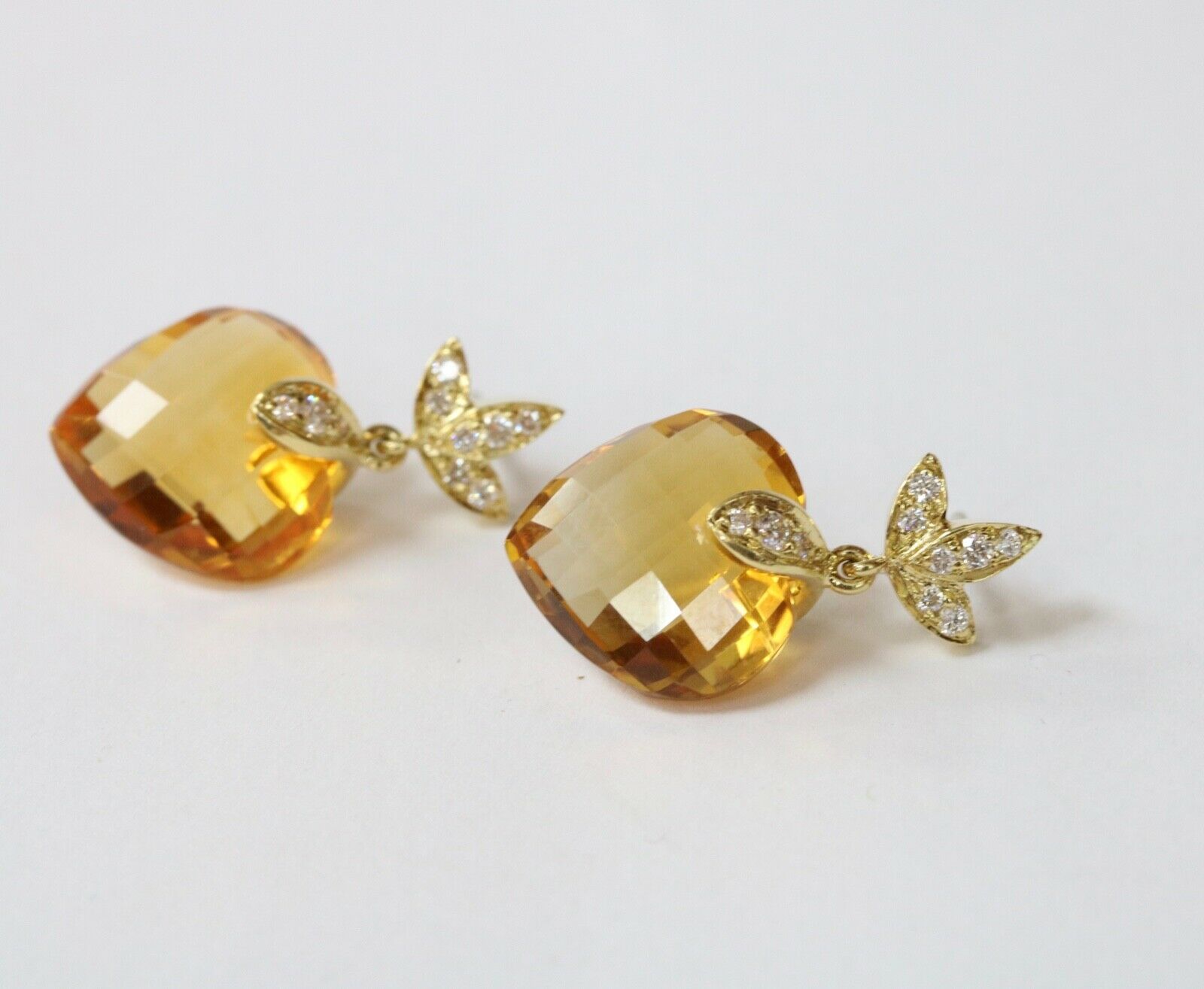 Vintage Ladies Heart Cut Citrine Diamonds 18K Yellow Gold Earrings