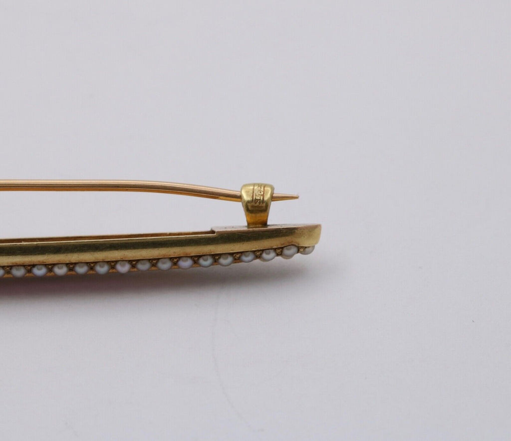 Victorian Pink Enamel Seed Pearls 14K YG Bar Brooch Pin