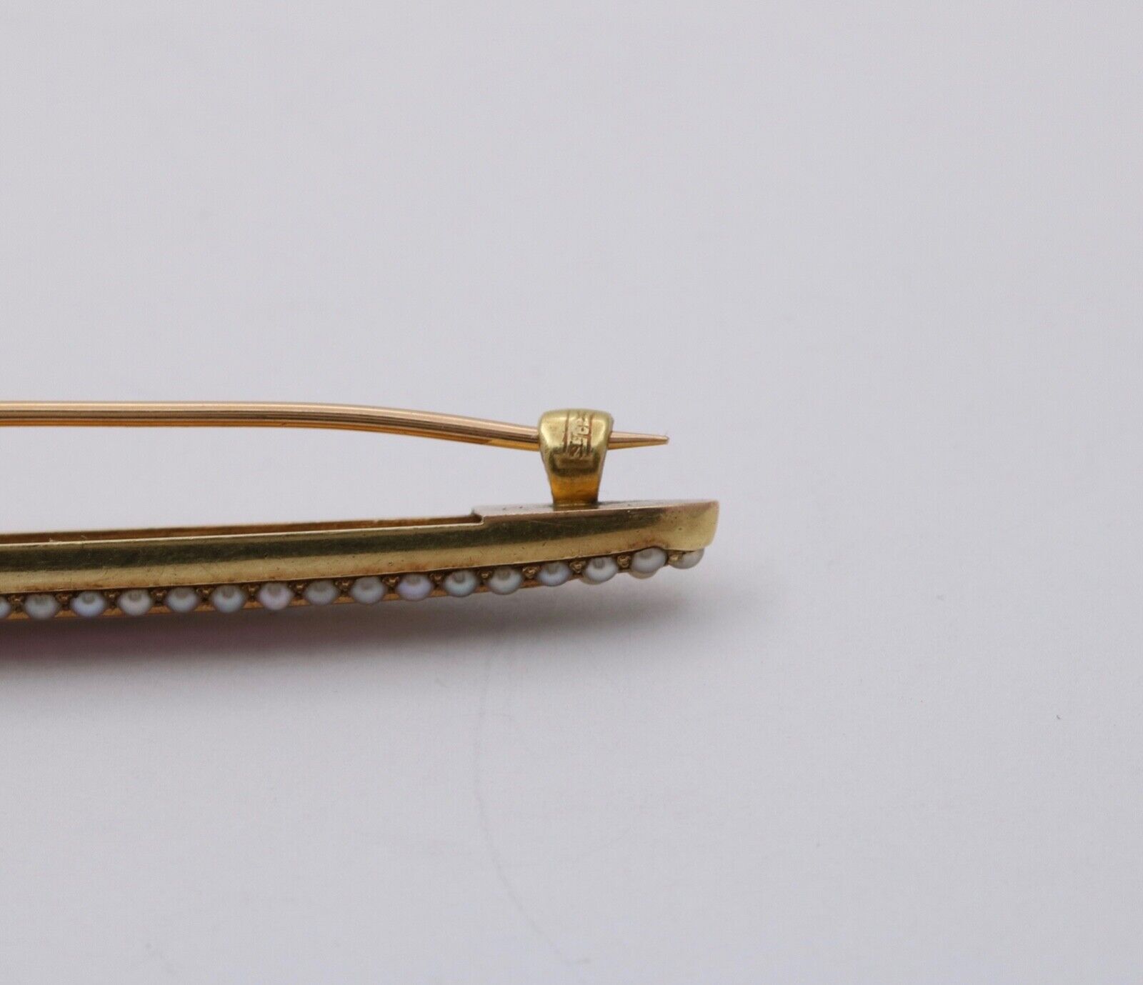 Victorian Pink Enamel Seed Pearls 14K YG Bar Brooch Pin