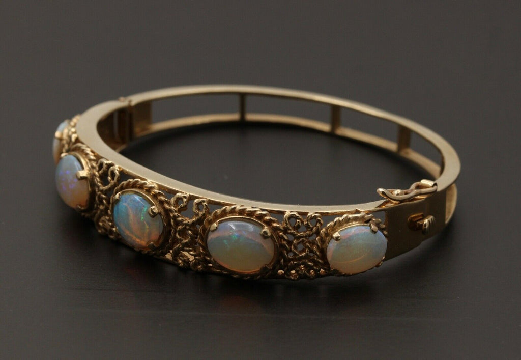 Vintage 14K Gold Rope Knot 5 Opal Bangle, Bracelet.