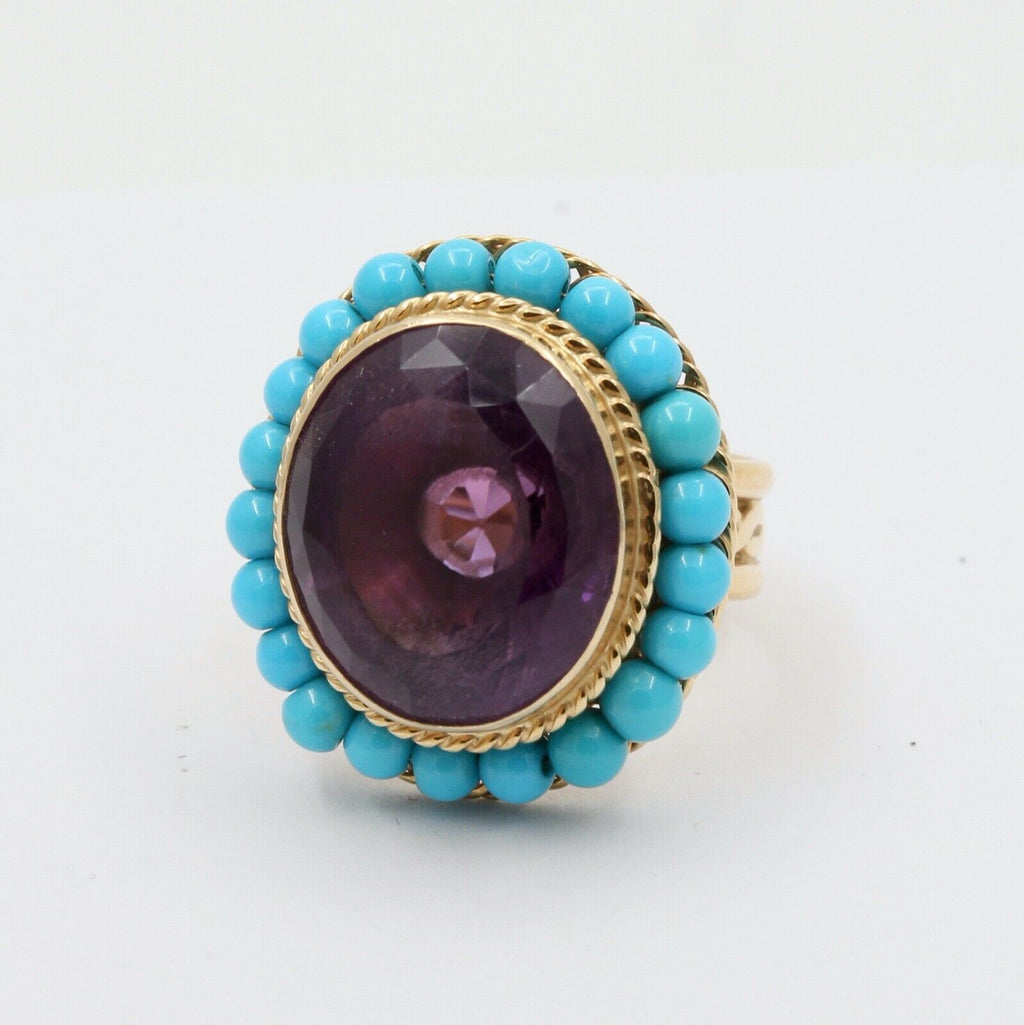 Vintage 18K Huge Amethyst Turquoise Statement Ring