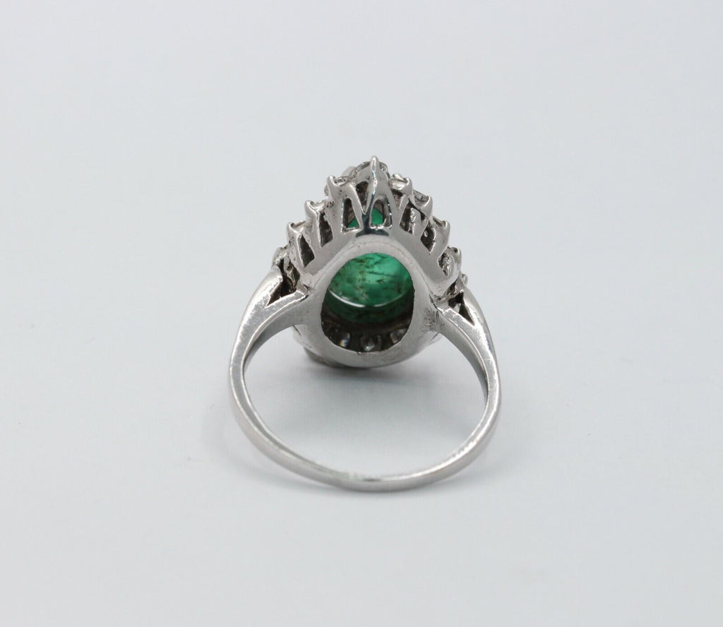 14K White Gold Cabochon Emerald Diamond Engagement Ring Alternative