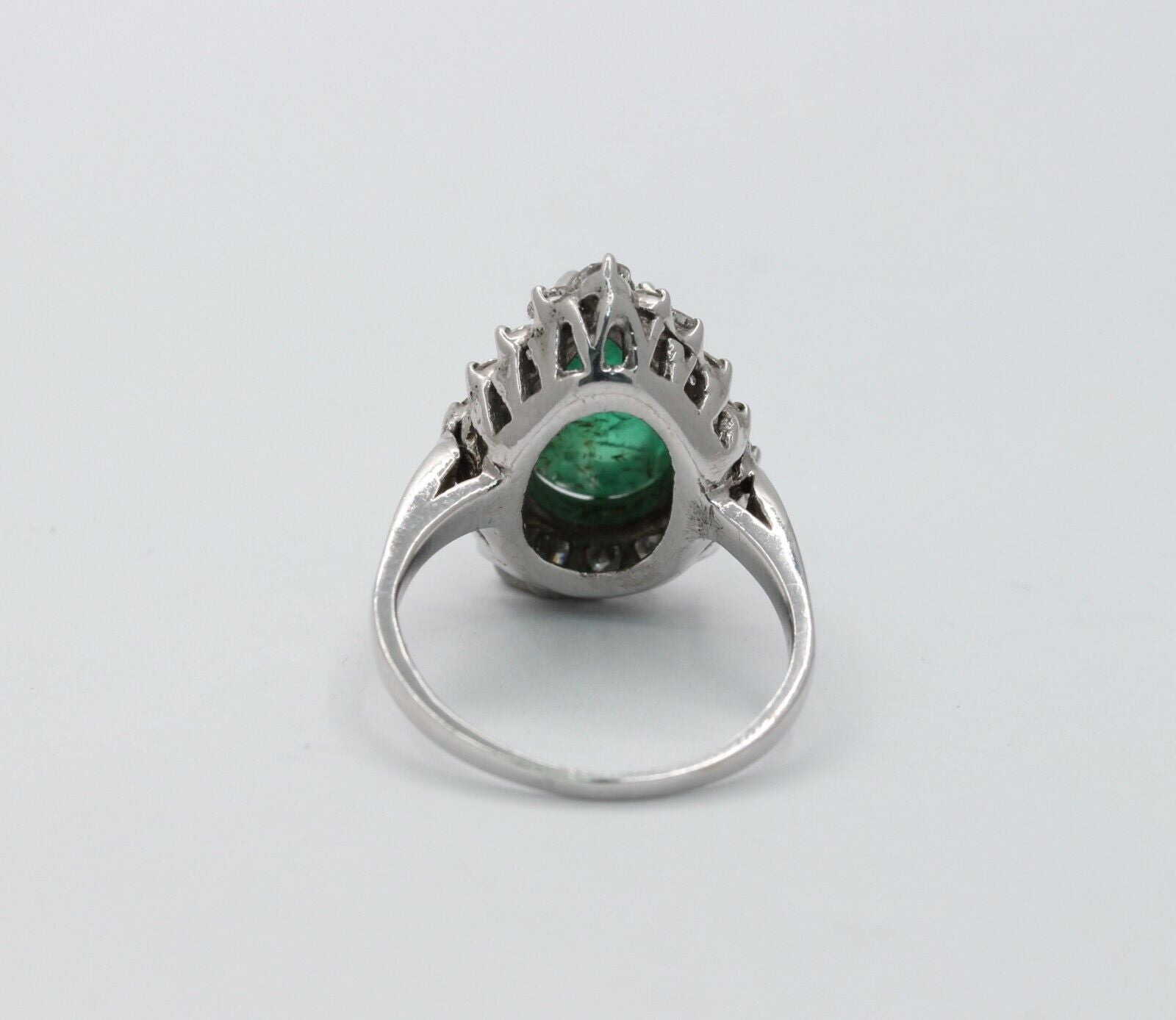 14K White Gold Cabochon Emerald Diamond Engagement Ring Alternative
