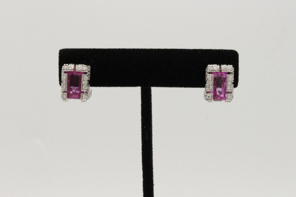 Vintage 18K White Gold Haggis’s Emerald Cut Pink Topaz Diamond Earrings