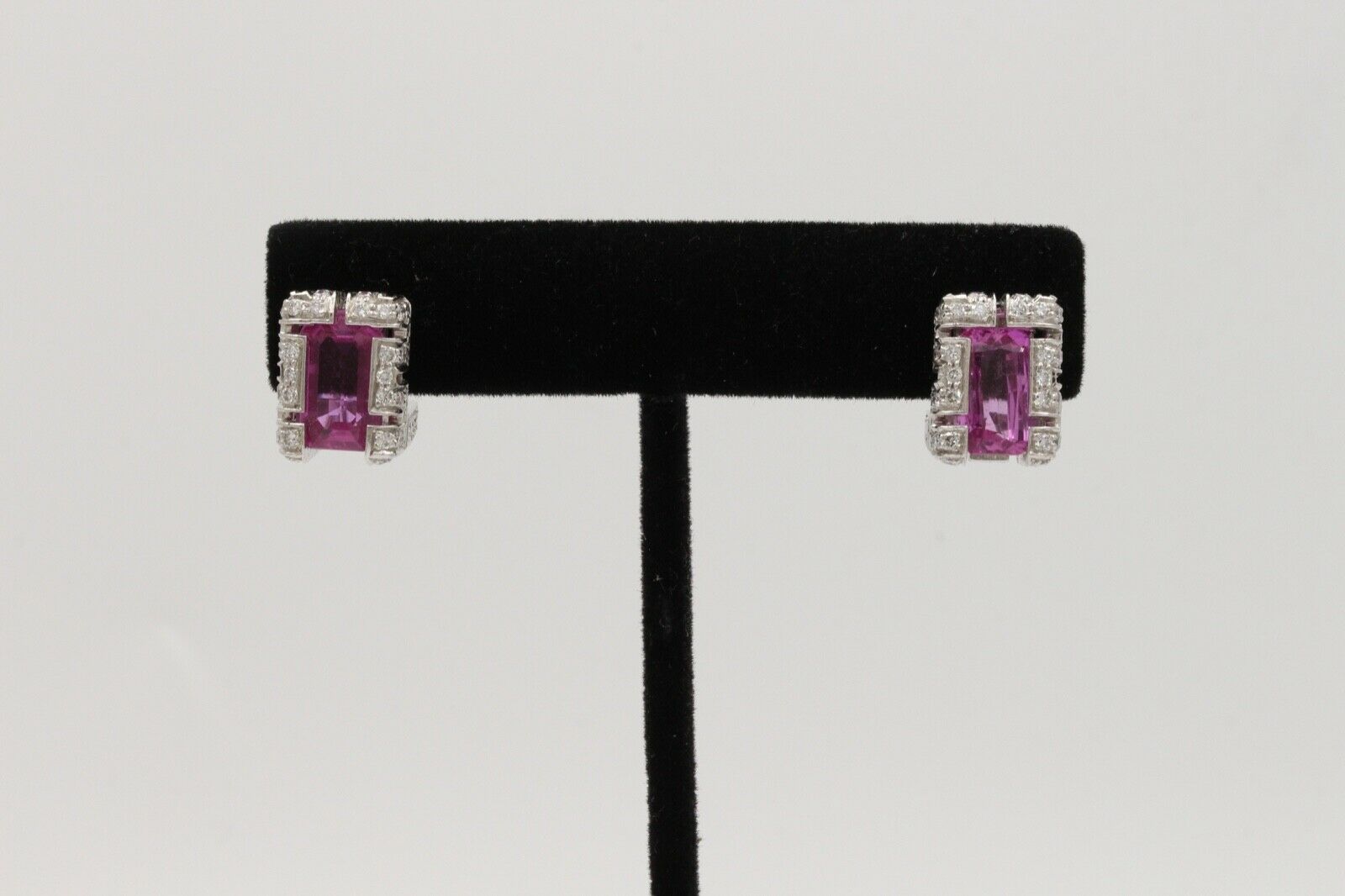Vintage 18K White Gold Haggis’s Emerald Cut Pink Topaz Diamond Earrings