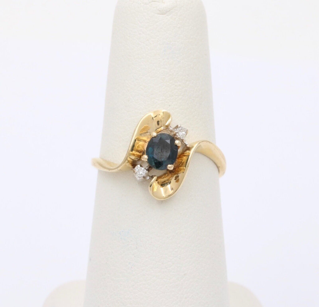 Vintage Blue Sapphire Diamonds 14K Yellow White Gold Ring