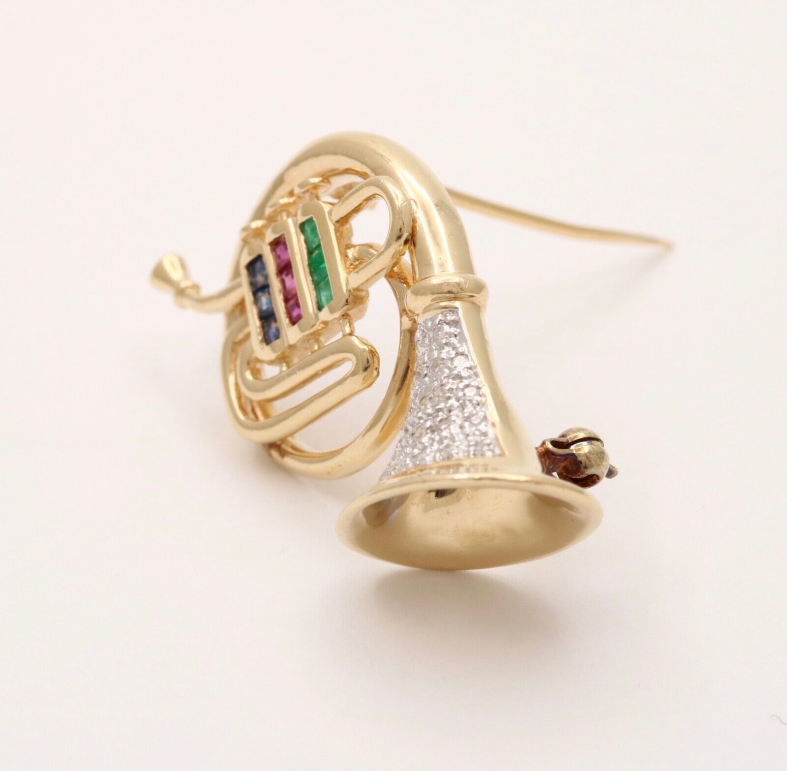 Vintage 14K Gold Diamond, Sapphire, Ruby and Emerald French Horn Pin Brooch