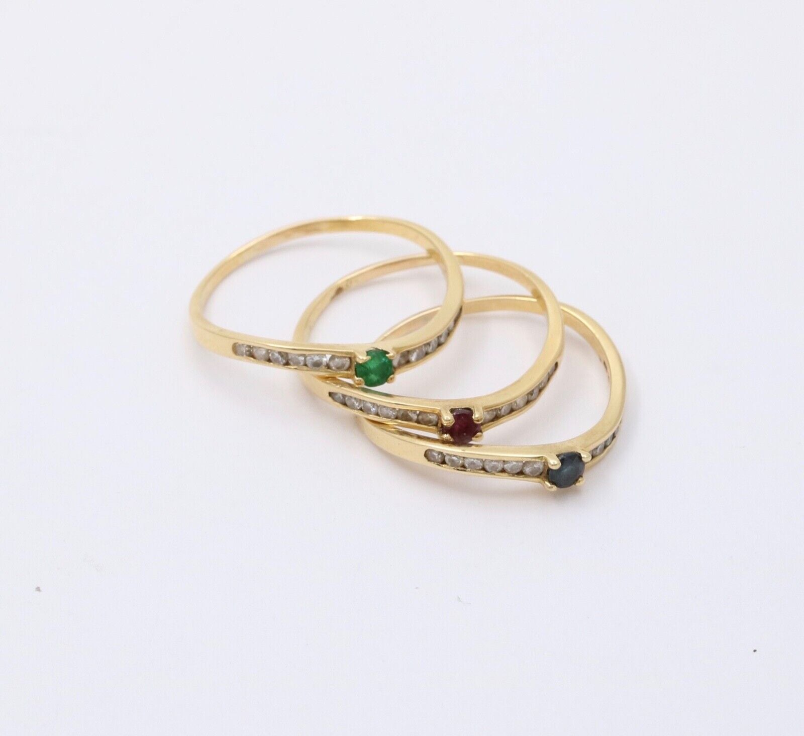 Vintage Trio Stacking Solitaire Emerald Sapphire Ruby 18K Yellow Gold Rings
