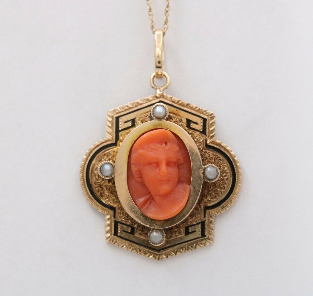 Victorian Coral Portrait Seed Pearls Enamel 14K Yellow Gold Pendant