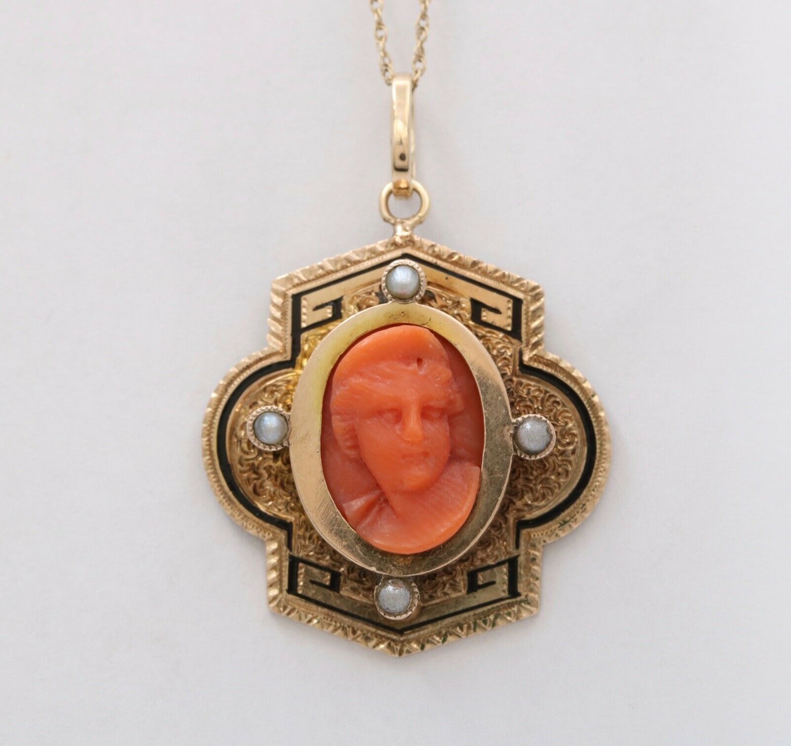 Victorian Coral Portrait Seed Pearls Enamel 14K Yellow Gold Pendant