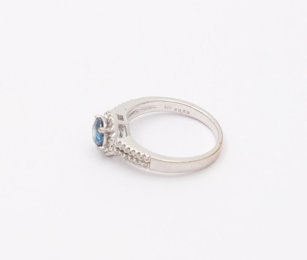 Vintage 14K White Gold Blue Topaz Diamond Halo Ring, Engagement Rig