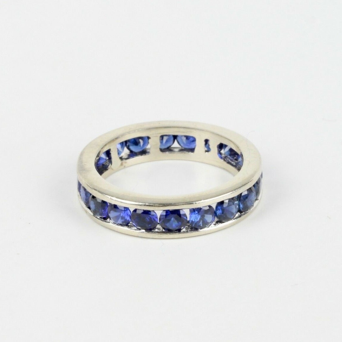 Vintage Ladies Eternity Ring Blue Sapphires 14K White Gold
