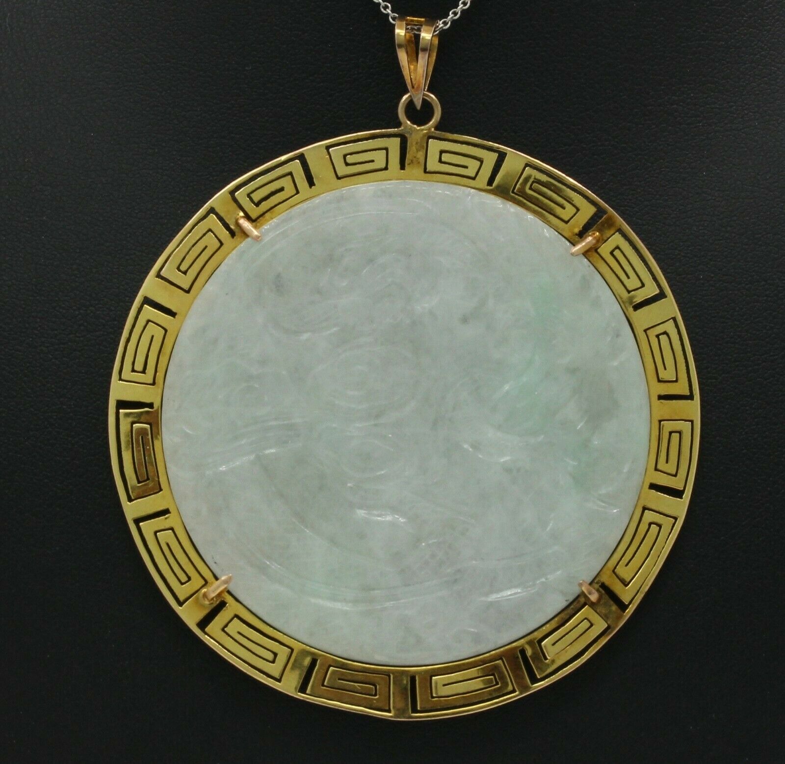 Vintage Custom Made 14K Yellow Gold Huge Carved Dragon Jade Pendant