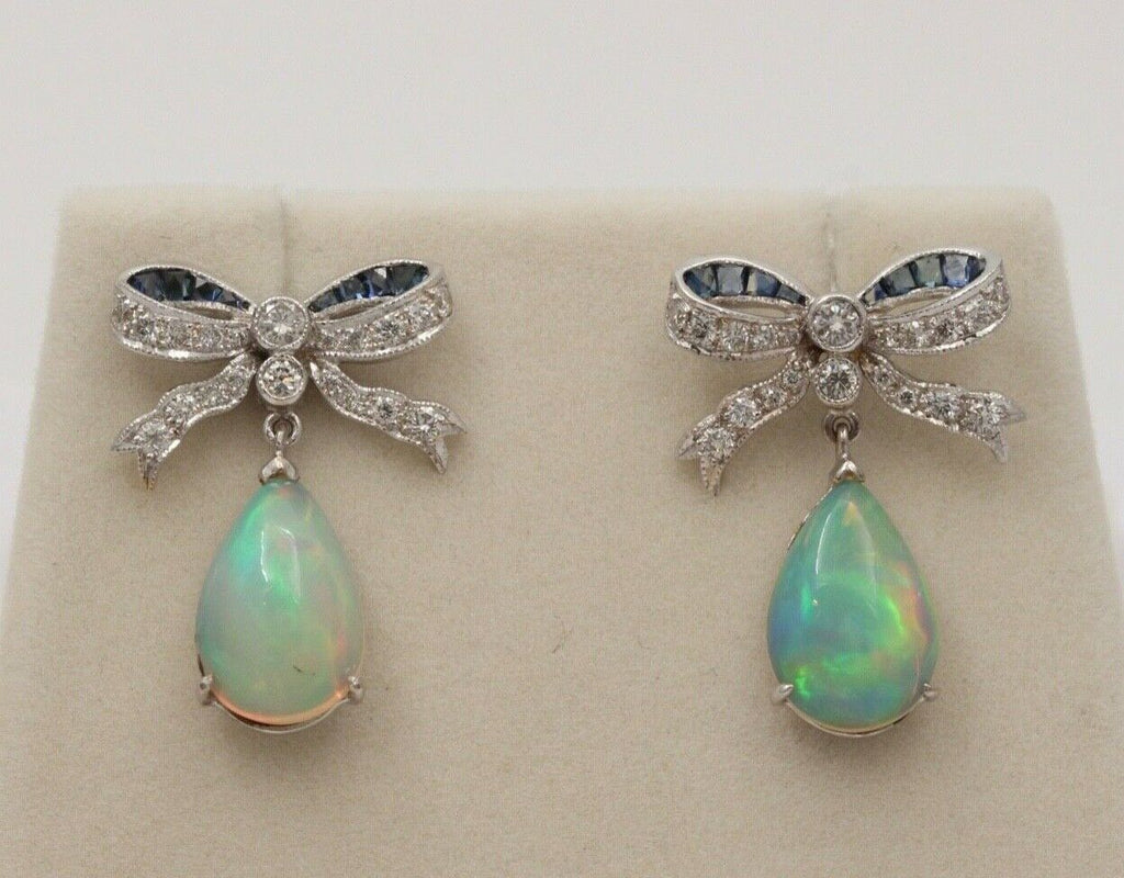 Vintage Estate Bow Opal, Diamond & Sapphire Dangling Earrings.