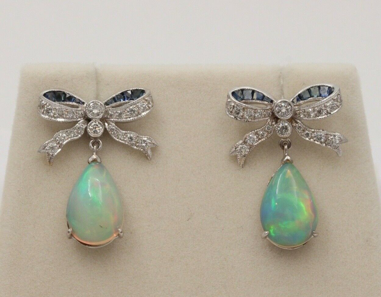 Vintage Estate Bow Opal, Diamond & Sapphire Dangling Earrings.
