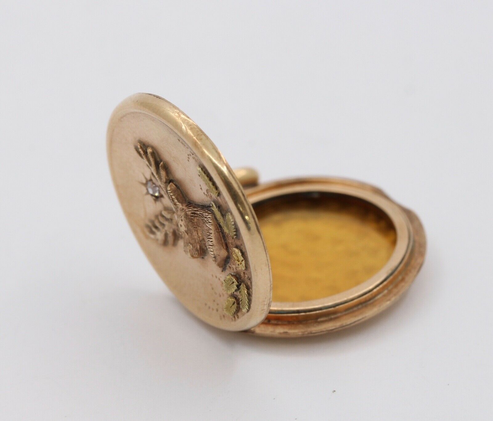 Vintage Locket Pendant Diamond 10K Rose Yellow Gold Elk