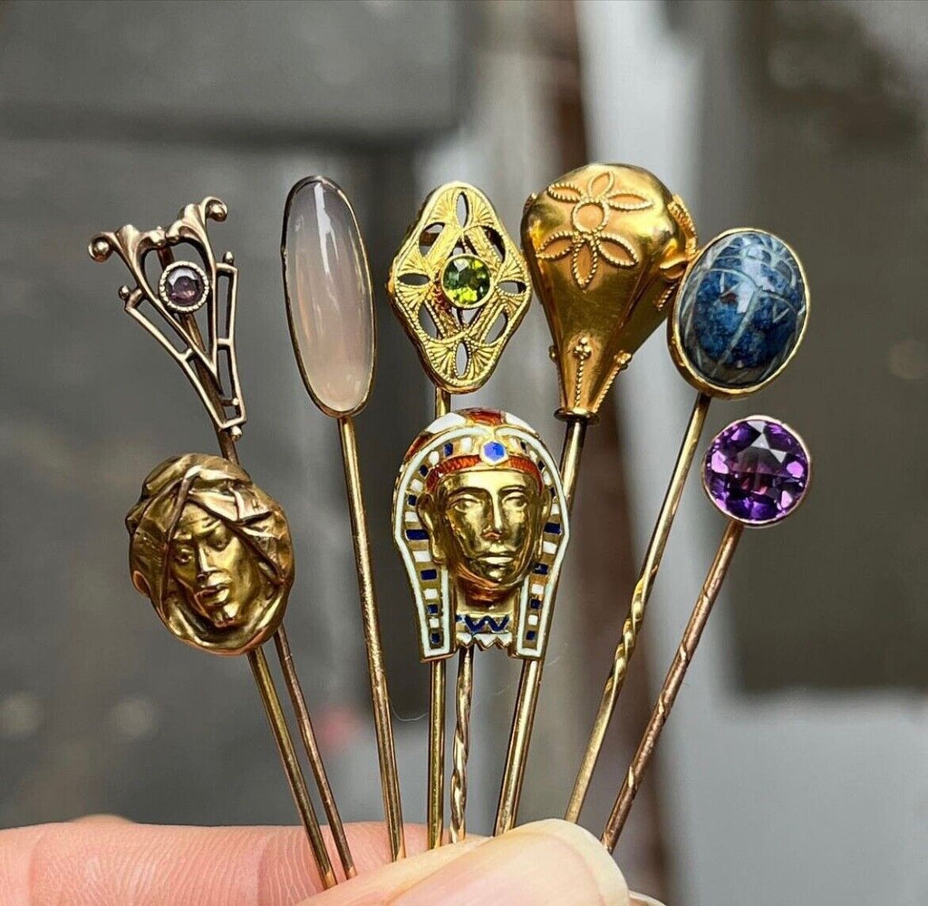 Antique 14K Yellow Gold Egyptian Revival Scarab Sodalite Stick Pin, Lapel Pin