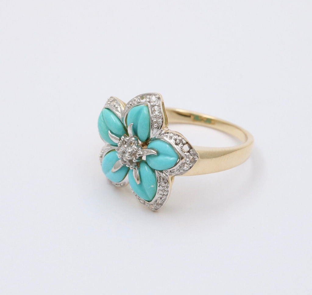 Vintage 18K Yellow Gold Turquoise & Diamond Flower RIng , Cocktail Ring