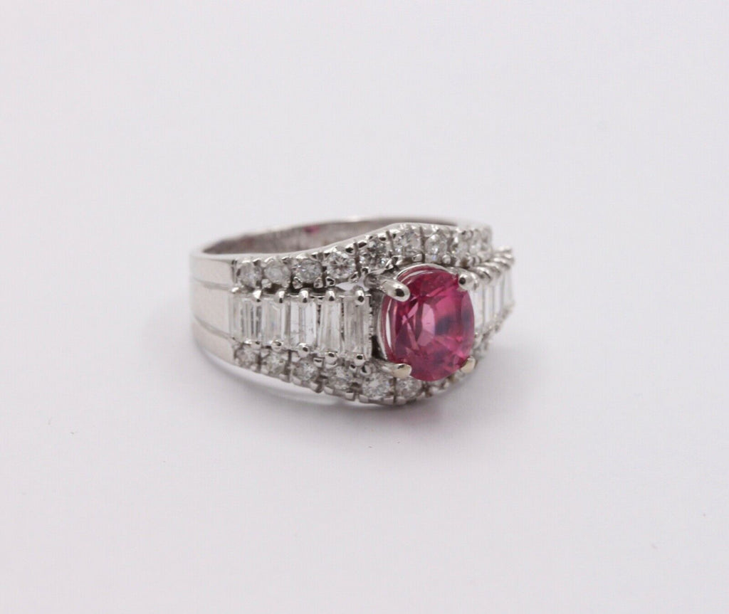 Vintage Pink Sapphire Diamonds 14K White Gold Ring