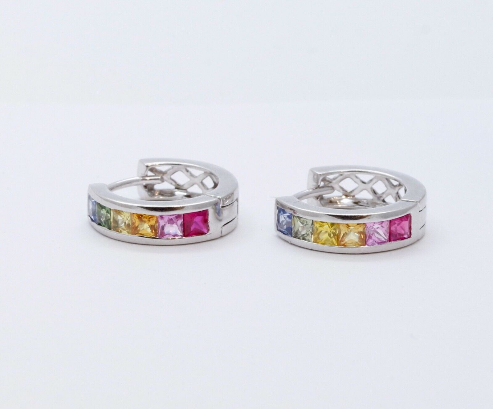 Cool Vintage Multi Colored Sapphires 14K White Gold Huggie Earrings