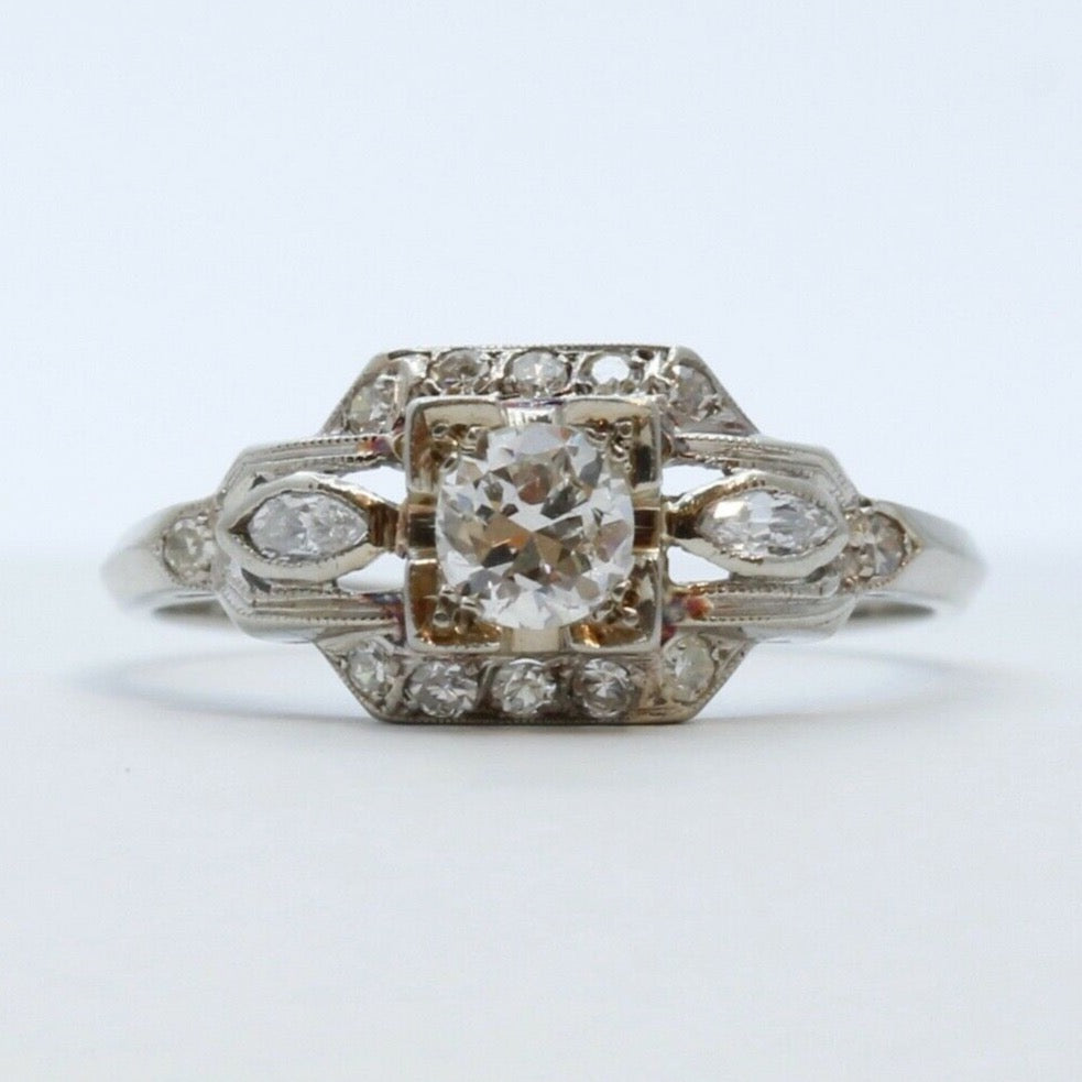 Art Deco 18K White Gold Diamonds Ring