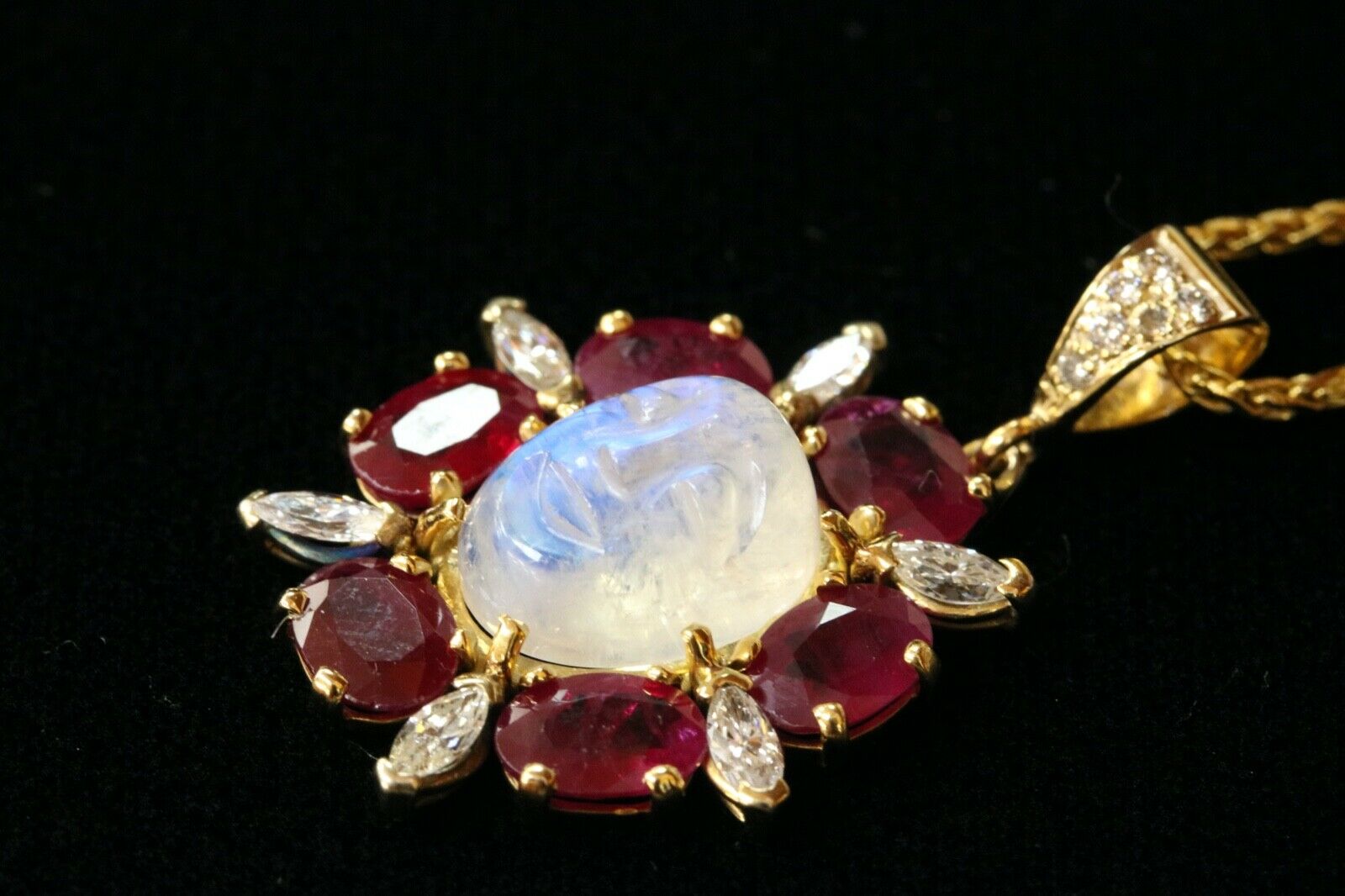 Vintage Man on the Moon Moonstone Rubies Diamonds Gold Over Silver Pendant