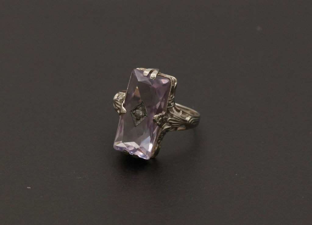 Art Deco Rose De France Amethyst Rose Cut Diamond 14K White Gold Ring