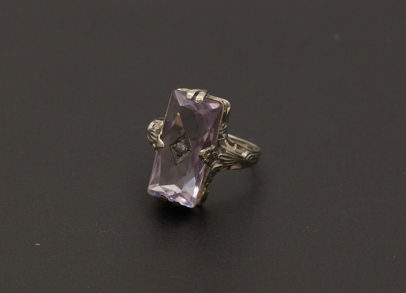 Art Deco Rose De France Amethyst Rose Cut Diamond 14K White Gold Ring