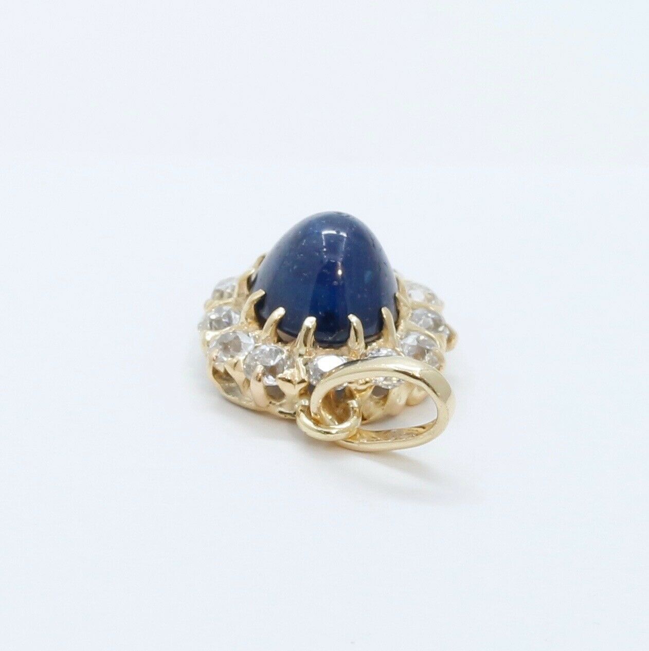 Victorian Cabochon Sapphire Old European Cut Diamonds 14K Yellow Gold Pendant