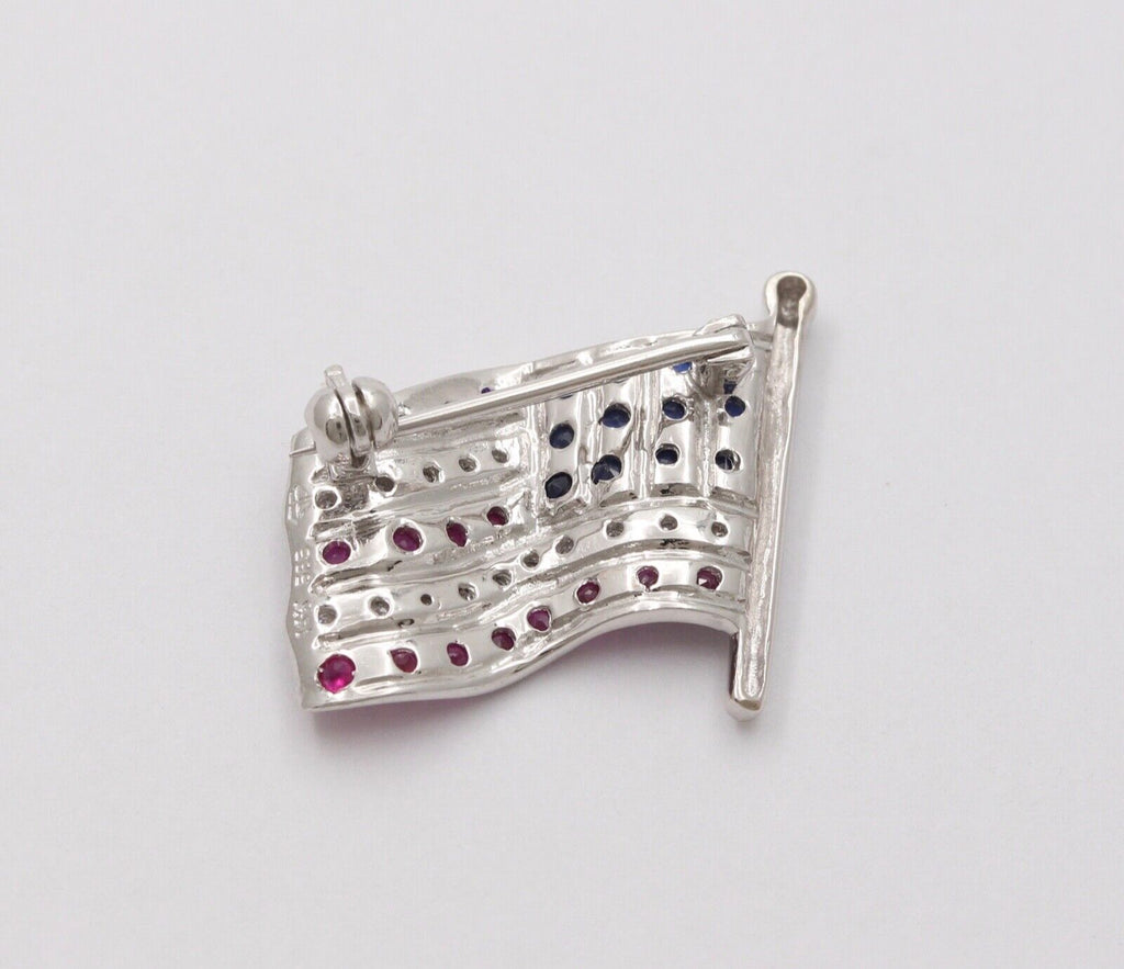 Classic 14K White Gold And Diamond American Flag, 4th of July Brooch, Pin.