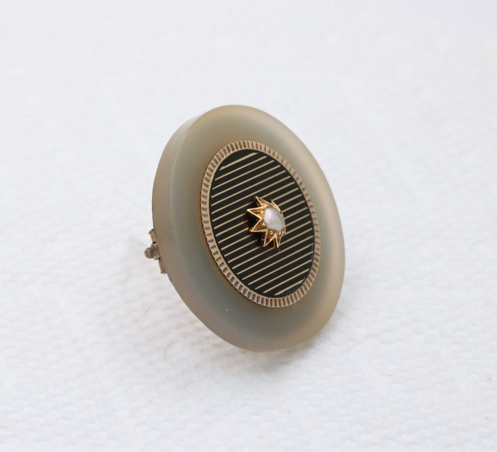 Antique 14K Yellow Gold White Agate Desic Black Enamel Brooch, Pendant