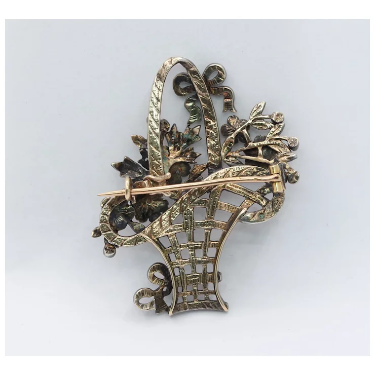 French Victorian Ladies Brooch Flower Basket 18K Ruby Diamonds Sapphires Pearl