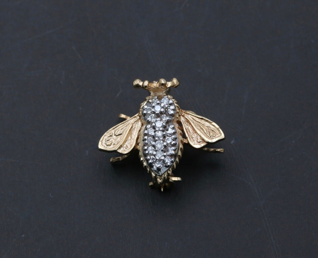 Vintage EMA 14K Gold Diamond Bee Pin Brooch, Lapel Pin