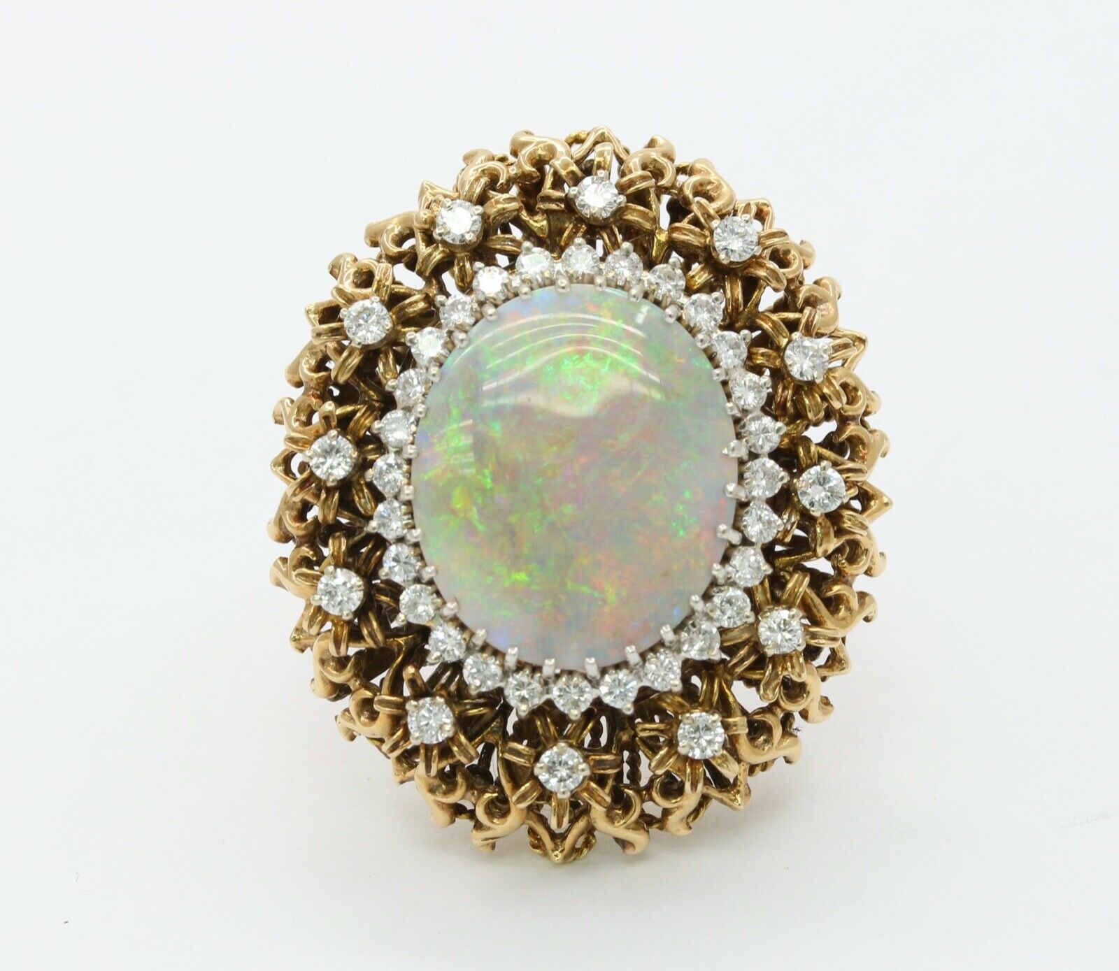 Large Vintage Ladies Opal Diamonds 14K Yellow Gold Statement Ring