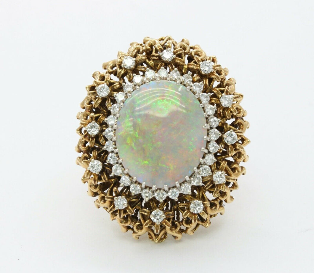 Large Vintage Ladies Opal Diamonds 14K Yellow Gold Statement Ring