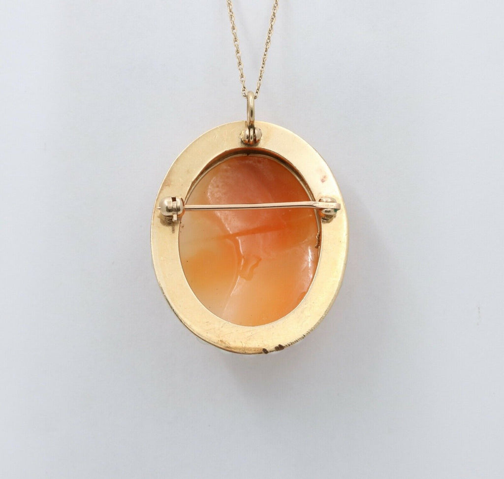 Vintage Carved Shell Cameo Pearls 14K Yellow Gold Brooch Pendant