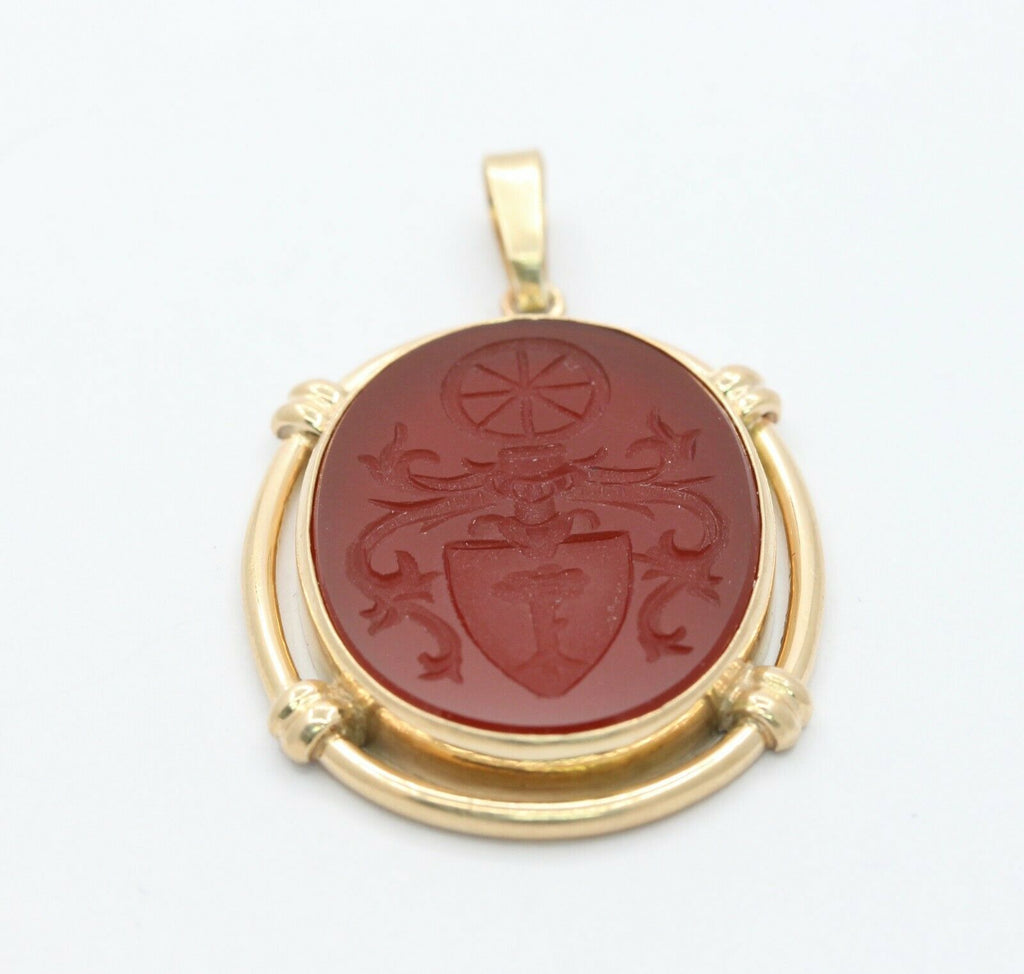 Vintage 14K Yellow Gold Carved Sigil Carnelian Chalcedony Pendant
