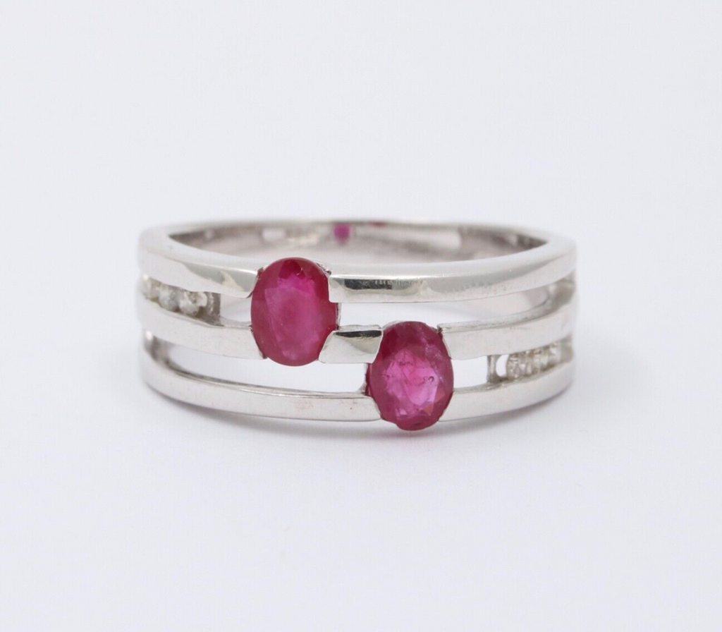 Vintage 14K White Gold Ruby & Diamond Ring Band, Stacking Ring.