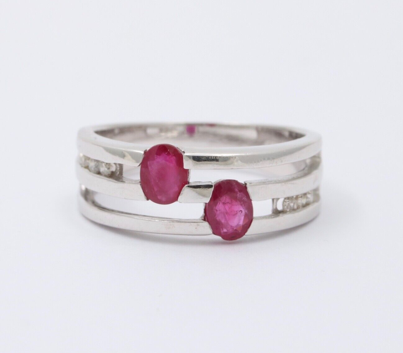 Vintage 14K White Gold Ruby & Diamond Ring Band, Stacking Ring.