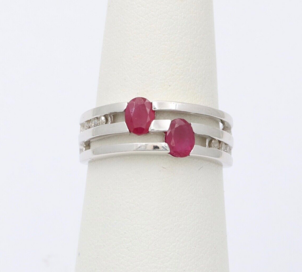 Vintage 14K White Gold Ruby & Diamond Ring Band, Stacking Ring.