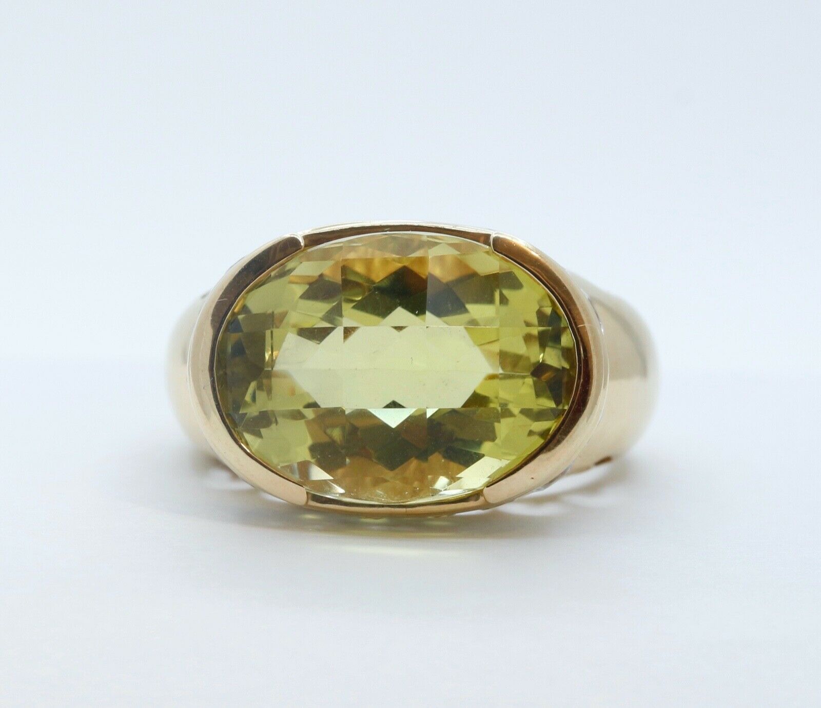 Large Statement Ladies Lemon Green Quartz Diamonds 14K Yellow Gold Ring