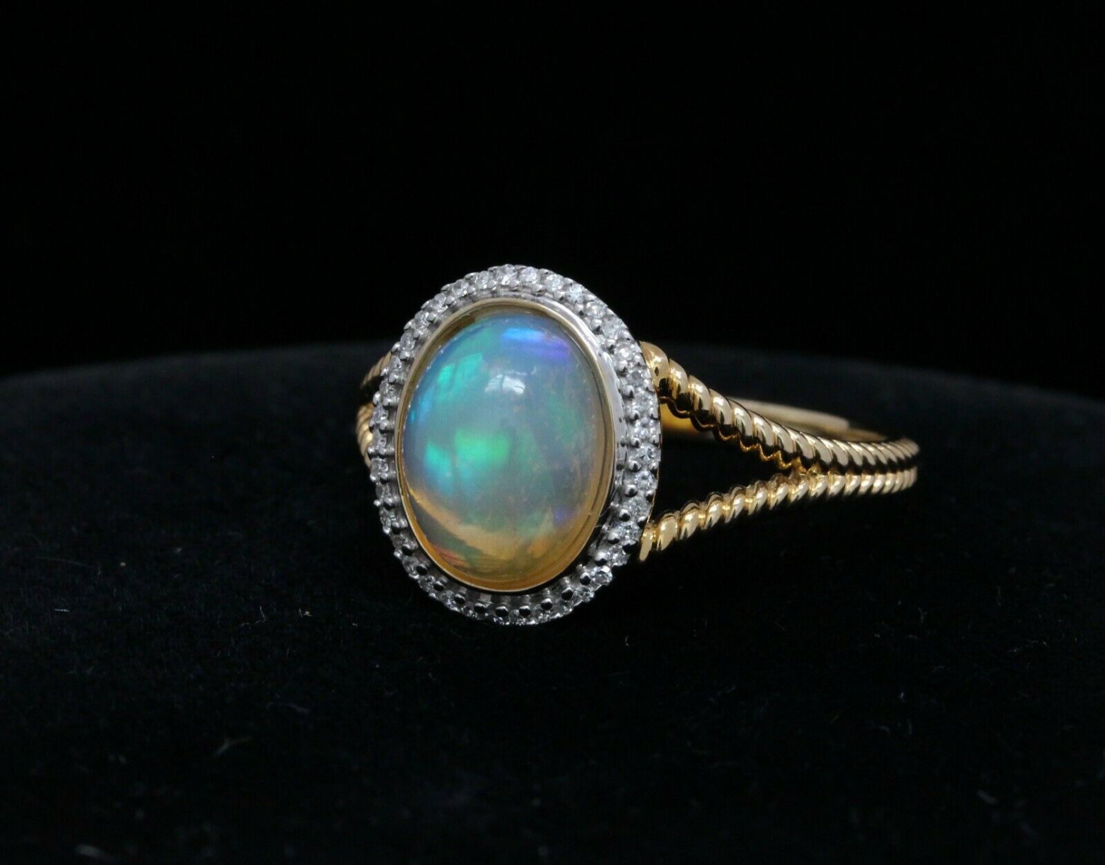 Vintage 14K Yellow Gold Opal and Diamond Halo Ring