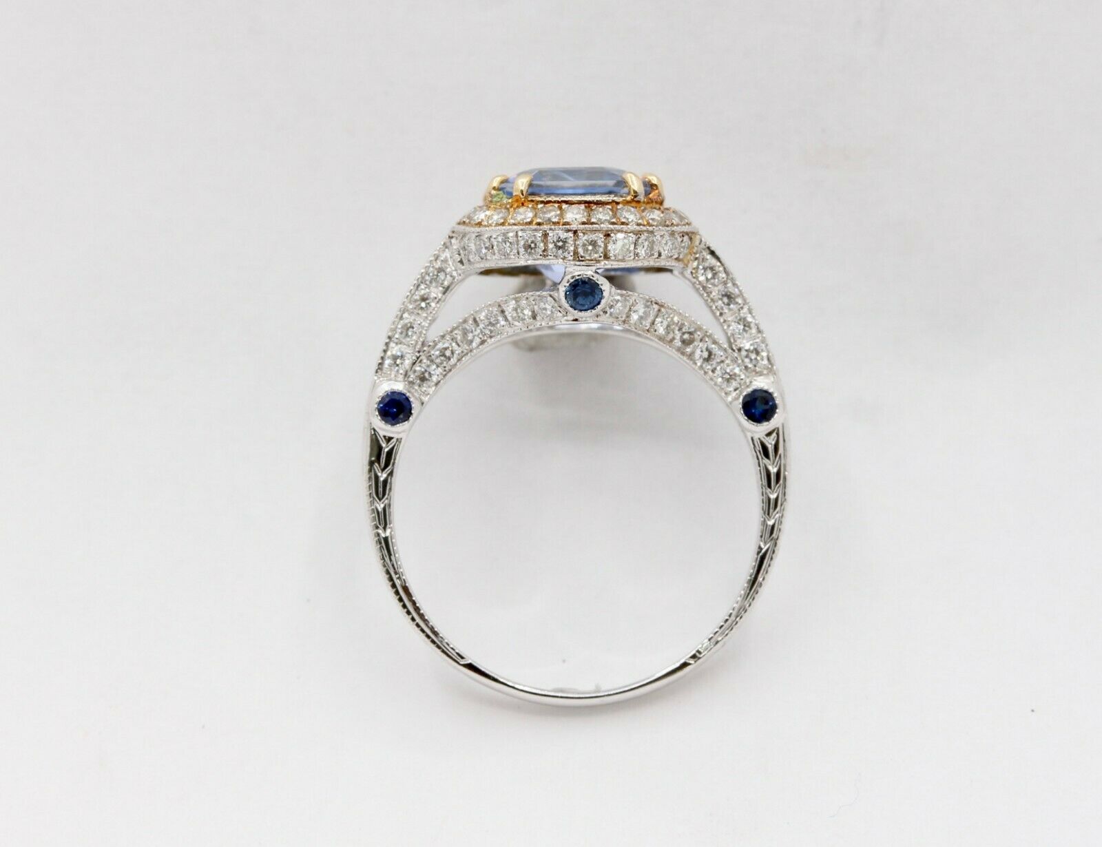 Vintage 18K White Gold Halo Setting Natural Sapphire Diamond Alternative Engagem