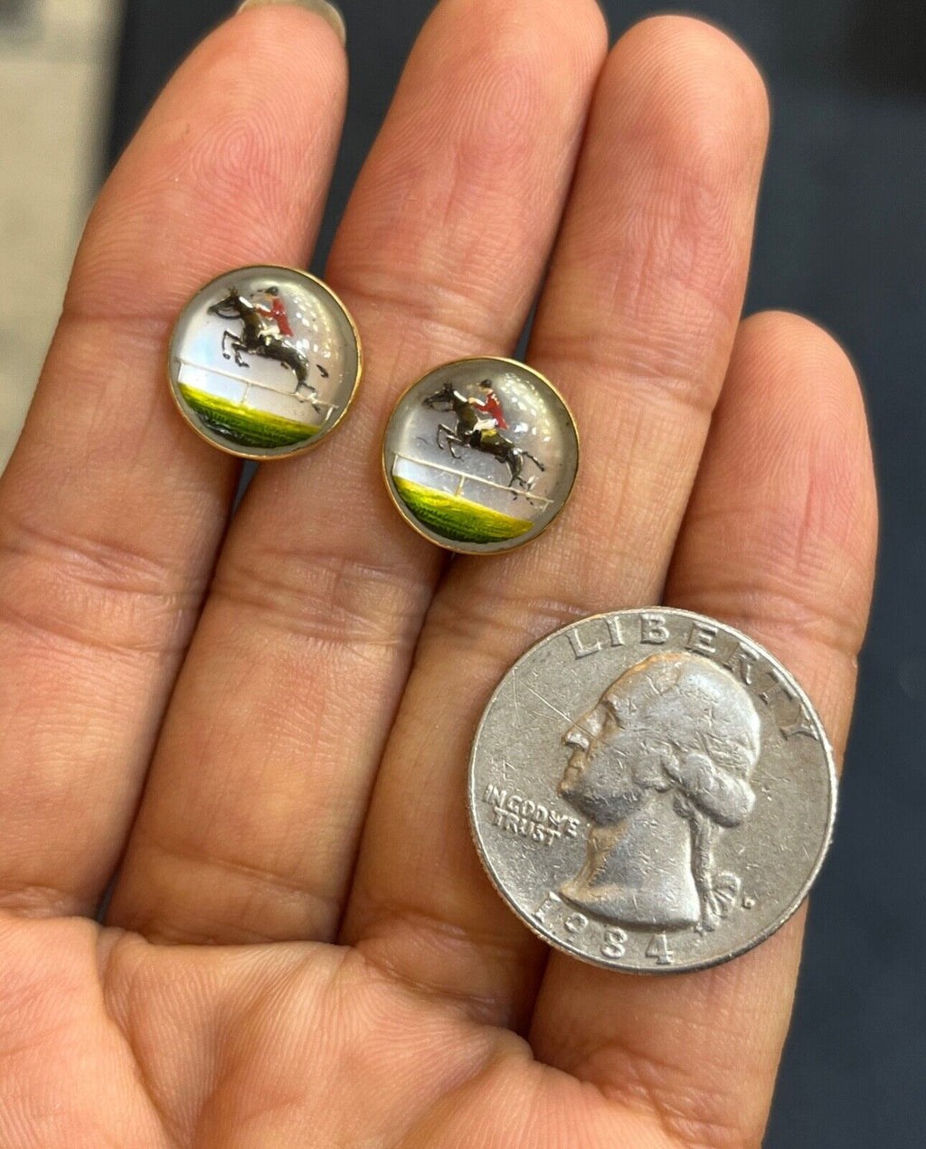 Antique Essex Crystal Polo Horse Riding 14K Gold Cufflinks.