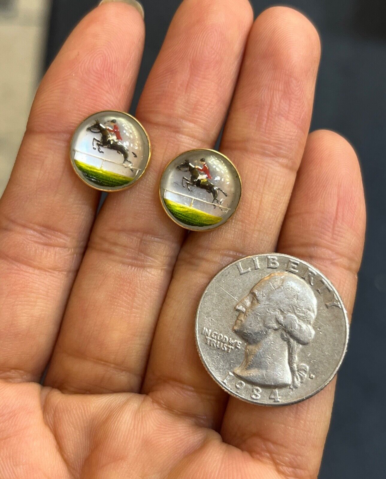 Antique Essex Crystal Polo Horse Riding 14K Gold Cufflinks.
