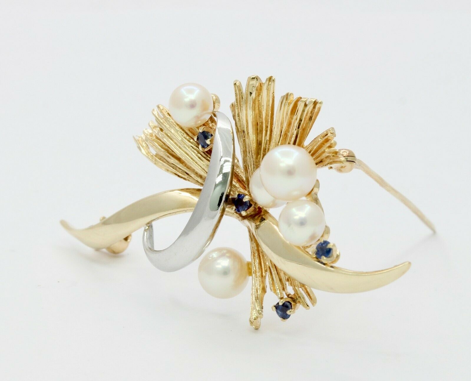 Vintage 14K Yellow Gold Mikimoto Pearl & Sapphire Brooch