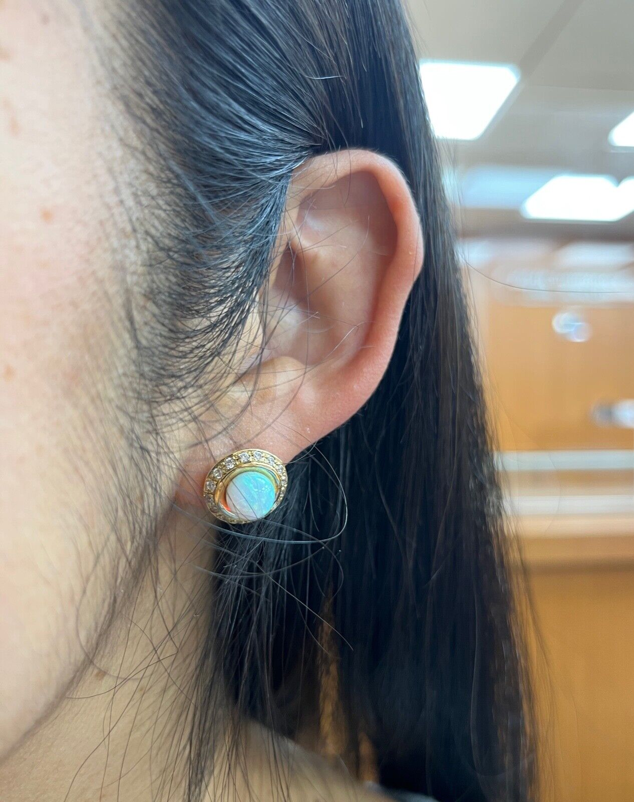 Vintage 14K Gold Opal, Diamond Halo Studs Earrings.